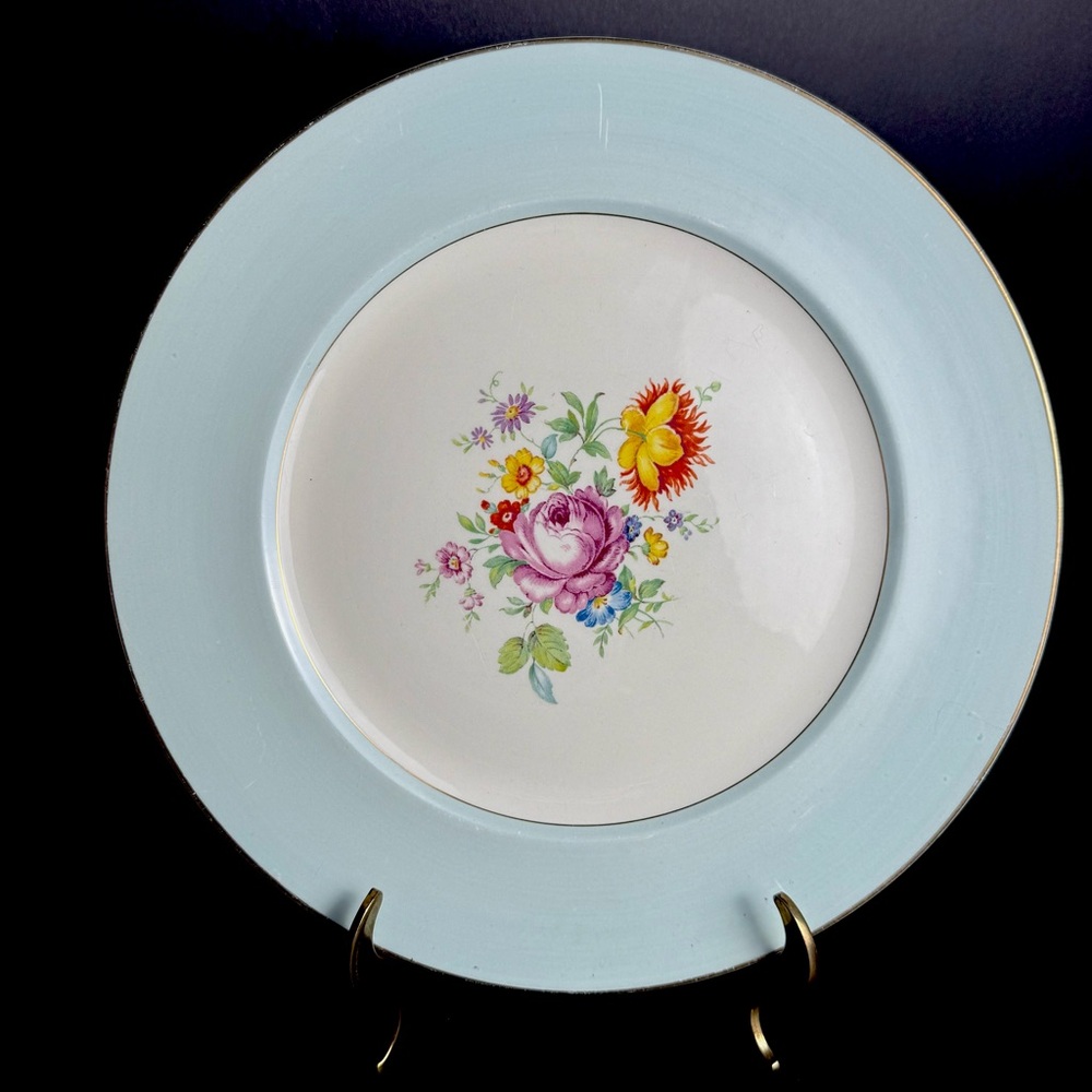 Vintage Edwin Knowles 10.5” Floral Dinner Plate Pastel Blue Trim Mid-Century Mod
